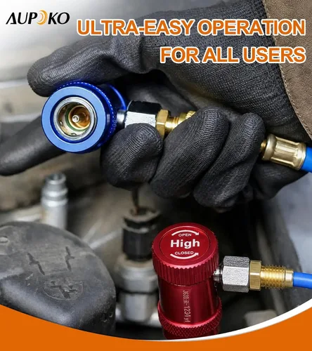 Miniatura 7 de Aupoko R1234yf Acoplador rápido, ajustable R1234yf Adaptador de acopladores rápidos de lado alto y bajo con destello SAE de 1/4", herramientas