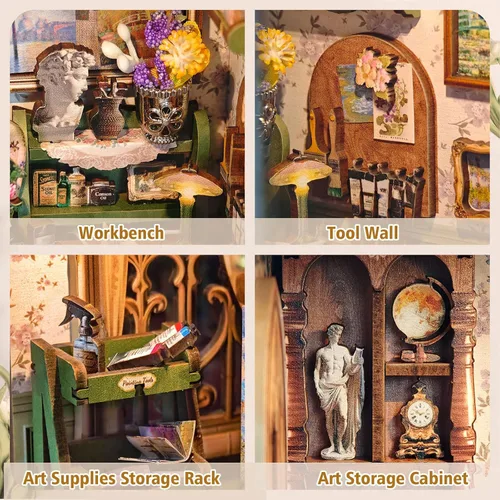 Miniatura 4 de Monet's Studio - Kit de rincón de libro con luz LED y cubierta antipolvo, kit de casa en miniatura para bricolaje, rompecabezas de madera 3D, kit