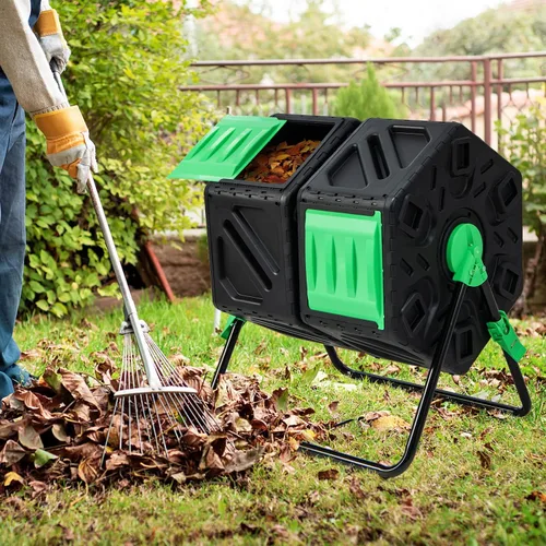 Miniatura 8 de Goplus Contenedor de compostaje, vaso de compostaje de doble cámara de 34.5 galones con 2 cámaras giratorias, puertas corredizas, compostador