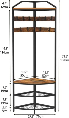 Miniatura 5 de GiftGo Árbol de pasillo de esquina con banco para zapatos, perchero de entrada con 10 ganchos móviles de metal, estante para zapatos y organizador