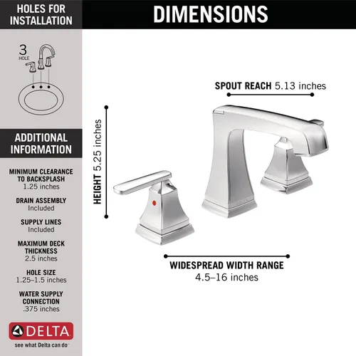 Miniatura 4 de Delta Ashlyn - Grifo de baño cromado de 3 agujeros, 8 pulgadas, grifo de lavabo de baño extendido para tocador, montaje de drenaje de metal Cromo