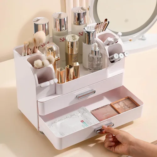 Miniatura 2 de Organizador de maquillaje Anyoifax para encimera con cajones grandes, organizador de tocador con soporte para brochas, almacenamiento