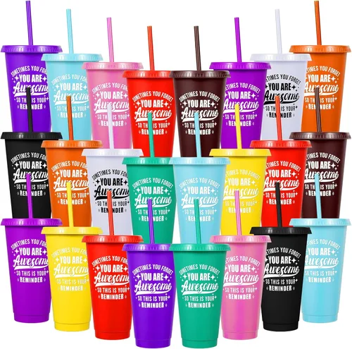 Miniatura 22 de Paquete de 24 vasos de plástico con tapas y popotes, vasos reutilizables con tapas y popotes, vasos coloridos para bebidas frías y café helado