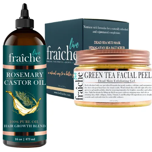 Live Fraiche Aceite de ricino de romero de 16 onzas + oro de 24 quilates, gel de pelado facial iluminador de té verde, cáscara de té verde, 4.23
