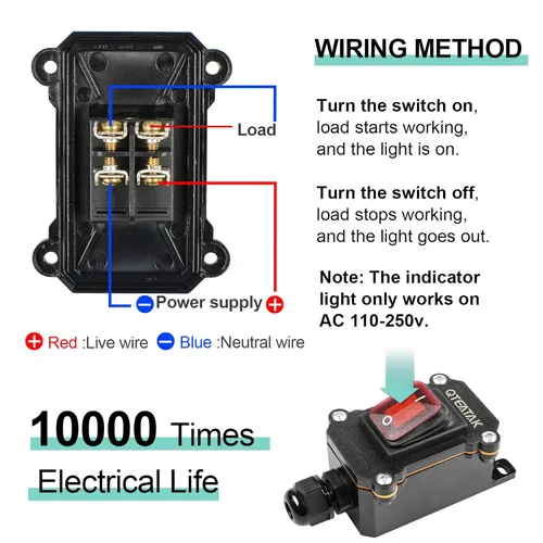 Miniatura 5 de Interruptor de cable en línea DPST AC/DC 20A-125V, 16A-250V, 30A-24V, 35A-12V, IP68 impermeable (encendido), apagado (encendido) con botones de luz