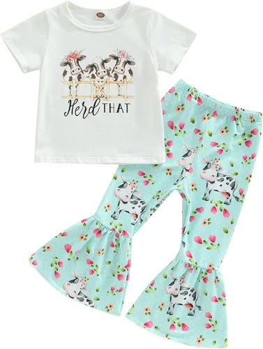 Miniatura 64 de fhutpw Conjunto de camiseta de manga corta con estampado de vaca y pantalones acampanados de dibujos animados para niñas