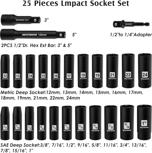 Miniatura 3 de MIXPOWER 25 piezas de juego de llaves de impacto de profundidad de 1/2 pulgada, CR-V, métrico/SAE, incluye 12 mm a 24 mm, 3/8 pulgada a 1 pulgada