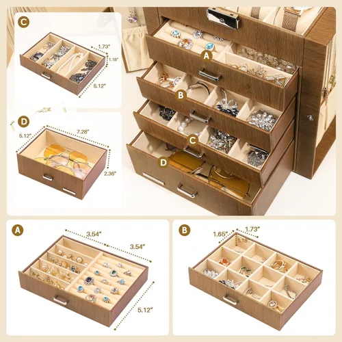 Miniatura 3 de Homde Caja de joyería enorme de cuero sintético, organizador de reloj con espejo, collar, anillo y aretes, caja de regalo con cerradura (marrón)