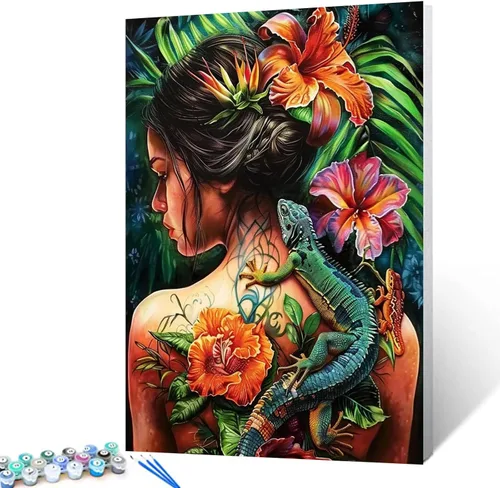 Tucocoo Pintura de Lagarto y Mujeres por Números para Adultos Principiantes, Chica con Tatuaje Pintar por Números en Lienzo Fácil de Pintar para