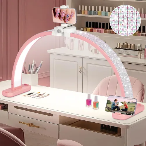 Miniatura 10 de HITTI Lámpara de escritorio de media luna de 29 pulgadas para uñas con soporte para teléfono, lámpara de mesa plegable para uñas, lámpara de mesa