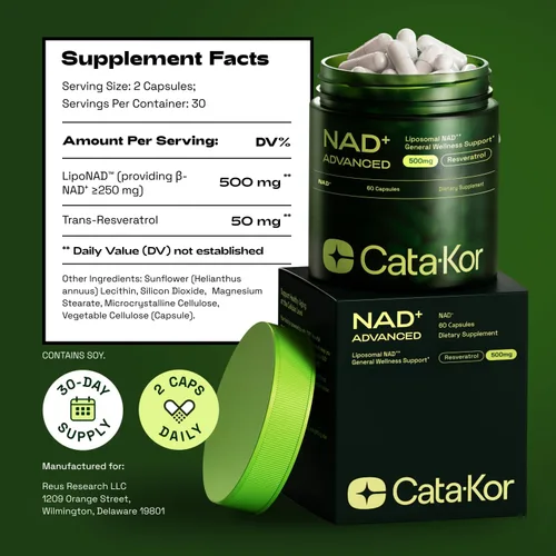 Miniatura 8 de Cata-Kor Suplemento liposomal de NAD con resveratrol - Alternativa al suplemento NMN - Probado por terceros - Suministro de 30 días - Resveratrol
