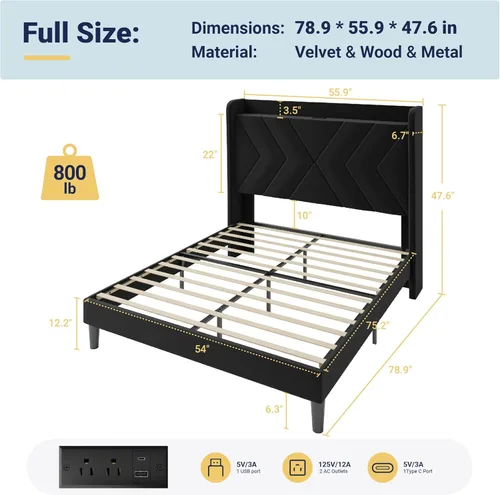 Miniatura 2 de Allewie Base de cama de plataforma de tamaño matrimonial con estación de carga y estante de almacenamiento, cabecera tapizada de terciopelo con Negro