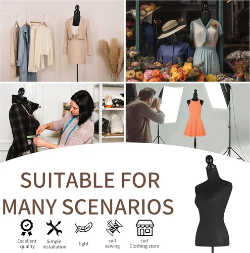 Miniatura 6 de HOMBOUR Cuerpo de maniquí femenino, forma de vestido de torso de maniquí de costura, maniquí ajustable con soporte para modista de exhibición (negro)