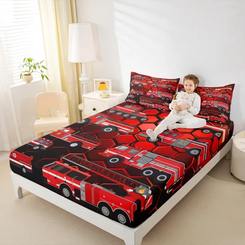 Erosebridal Sábanas bajeras de camión de bomberos para niños, sábana bajera de panal de abejas de color rojo, tamaño individual, sábanas para