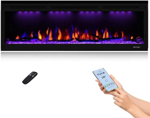 Miniatura 13 de Lujosa chimenea eléctrica de 74 pulgadas, calentador de chimenea empotrado en pared y empotrado en pared, color de llama ajustable y luz superior