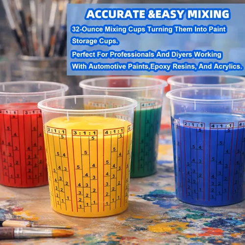 Miniatura 5 de Yesland Paquete de 30 tazas de mezcla de pintura con tapas, 32 onzas de pintura de plástico y vasos de mezcla epoxi con proporciones de mezcla