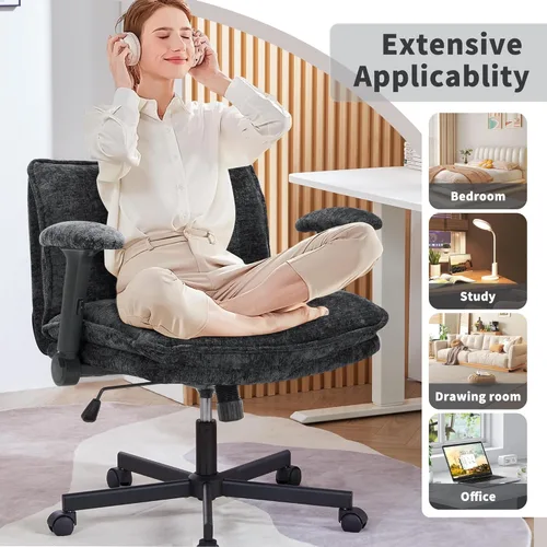 Miniatura 6 de FanciSpot Silla de oficina con patas cruzadas con ruedas y brazos abatibles ajustables, silla de escritorio cruzada con cojín grueso, silla de Negro