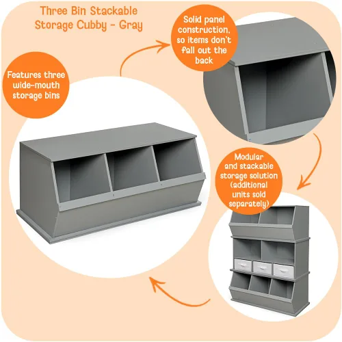 Miniatura 2 de Badger Basket Organizador apilable de almacenamiento de juguetes de tres cubos - gris