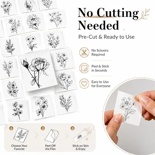 Miniatura 2 de 50 hojas de tatuajes temporales de ramas pequeñas de flores negras para mujeres y niñas, ramo de flores pequeñas, tatuaje temporal de plantas