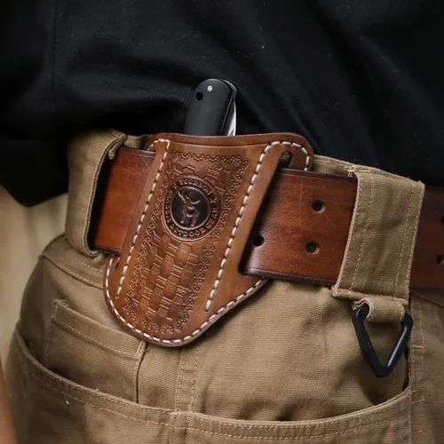 Miniatura 2 de Tourbn Tourbon Funda plegable de cuero para cinturón, funda EDC para hombre, Cross Draw lado derecho, portador de cuchillos trampero con parte