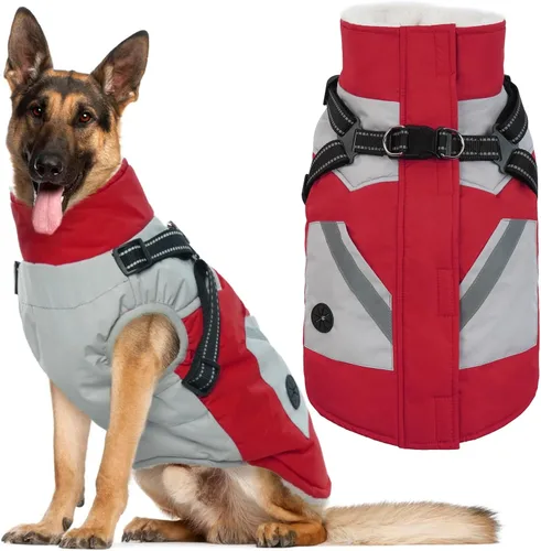 Miniatura 11 de IECOii Chaqueta para perro con arnés de invierno integrado, color negro, XXXL, abrigo de perro con cremallera, ropa de invierno para perros grandes