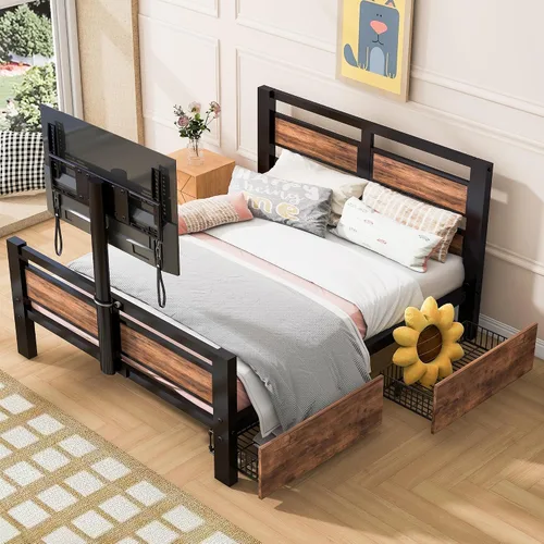 Miniatura 13 de VilroCaz Cama de plataforma de tamaño matrimonial con enchufes y puertos USB, marco de cama de plataforma de metal moderno con cajones, soporte