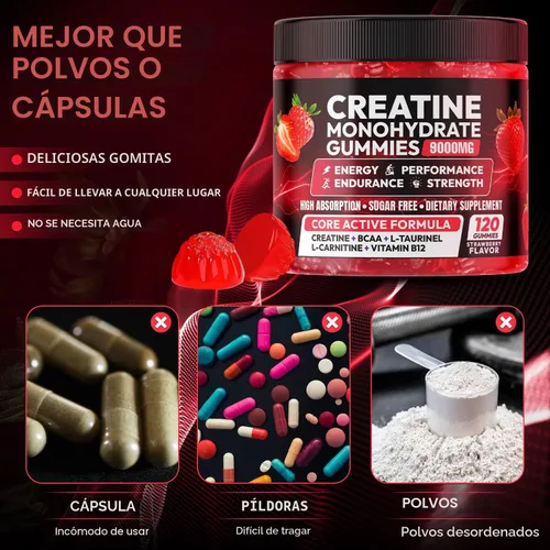 Miniatura 4 de Gomitas de creatina compleja monohidrato, gomitas masticables de monohidrato de creatina para hombres y mujeres con L-taurina, BCAA 2:1, B12/6