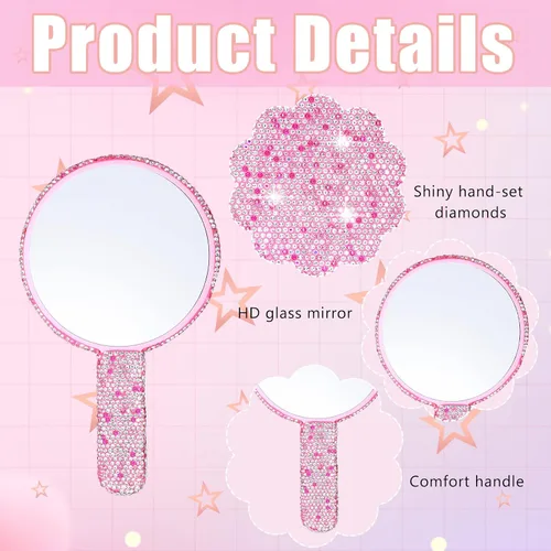 Miniatura 6 de Bucherry Espejo de mano con diamantes de imitación de 6.7 x 4 pulgadas, espejo de mano portátil con purpurina brillante para boda, con asa