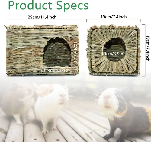 Miniatura 2 de BWOGUE Casa de césped grande para conejillos de indias, cabaña de paja tejida a mano, plegable, cama escondite de animales pequeños con aberturas