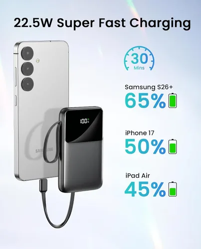 Miniatura 5 de Banco de energía, cargador portátil de 15000 mAh con cable integrado, carga rápida de 22.5 W, 6 salidas, batería esencial de viaje delgada