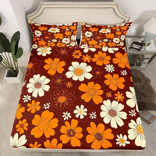 Miniatura 3 de Juego de sábanas para niños de los años 70 con diseño de flores Groovy Flowers, juego de ropa de cama hippie retro con 1 sábana encimera y 1 sábana