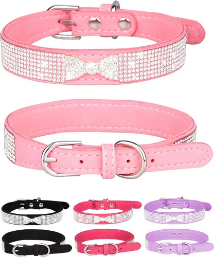 Collar de perro para perros pequeños, collares ajustables de cuero de gamuza para perro, collar de perro rosa para gato, collar de perro con rosado4