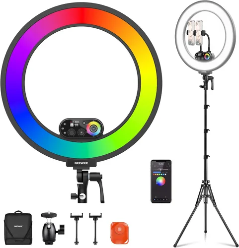Miniatura 12 de NEEWER Kit de luz de anillo de 18 pulgadas: LED profesional de 55 W 5600 K con soporte y soporte para teléfono, tubo suave y bolsa para extensión