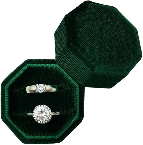 Caja de terciopelo para anillos Octágono Premium Vintage Soporte para anillo de boda hecho a mano con doble anillo, organizador de exhibición de