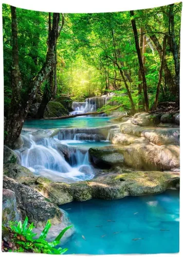 Miniatura 8 de BELECO Tapiz de bosque verde, hermoso tapiz de cascada de selva tropical, bosque de primavera, paisaje natural, fondo de fotos, tapices de pared