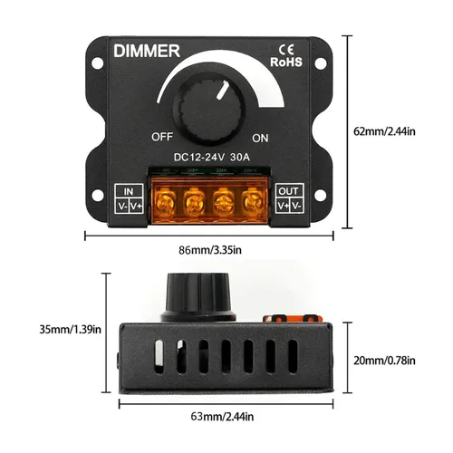 Miniatura 6 de Paquete de 2 interruptores de atenuación LED DC 12-24V 30A PWM Controlador de atenuación de brillo continuo para tira LED de un solo color 5050/3528