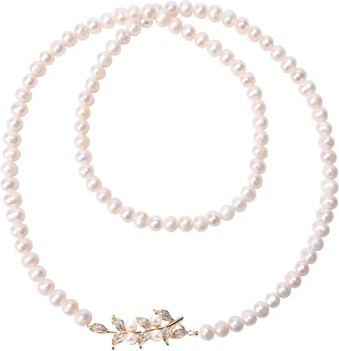 Jirehjill Pearl Necklace for Women, 30 inches Pearl Necklace Made of 7.0-8.0mm AAA+ Freshwater White Pearls, Handmade 18K Gold Plated Inlaid Pearl