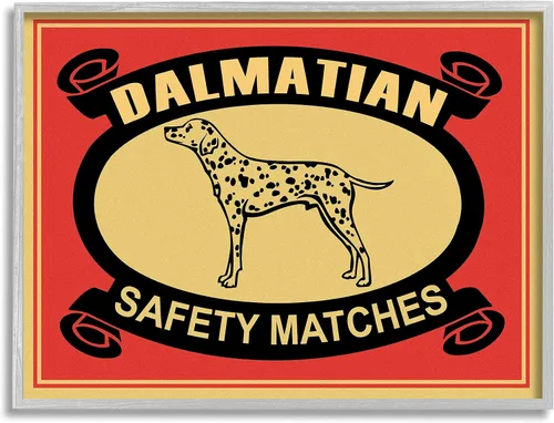 Stupell Industries Ilustración de fósforos de seguridad dálmata vintage, color rojo, diseñado por Mark Rogan Gray enmarcado, arte de pared de 11 x