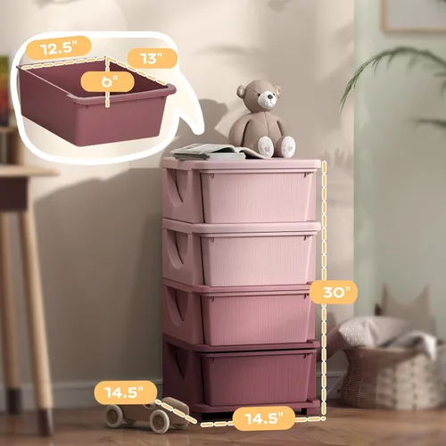 Miniatura 7 de Qaba Unidad de almacenamiento de 4 niveles para niños, organizadores de juguetes y almacenamiento con 4 cajones para dormitorio de niños, guardería