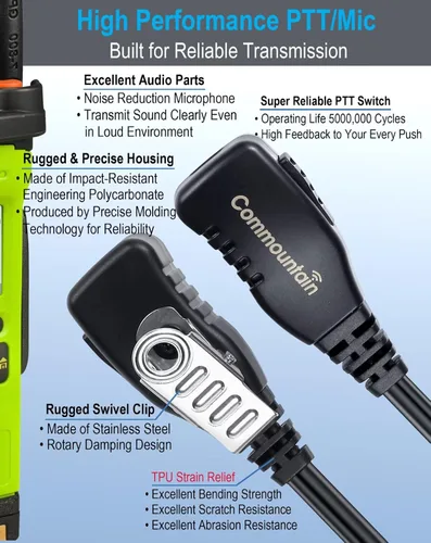 Miniatura 5 de commountain Auriculares para Motorola Walkie Talkie y Radio con PTT/Mic, Compatible con CP200D CP100D R2 CP200 CP185 BPR40 CLS1410 CLS1110 RMU2040