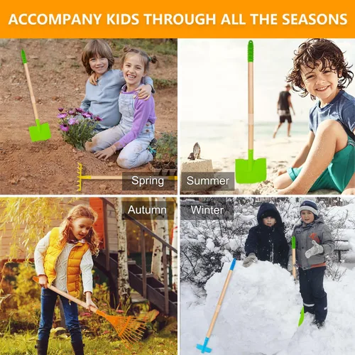 Miniatura 5 de Pala para niños, rastrillo para hojas, pala, azada y escoba, 5 piezas de herramientas de jardín para niños, jardín al aire libre, juguete de regalo