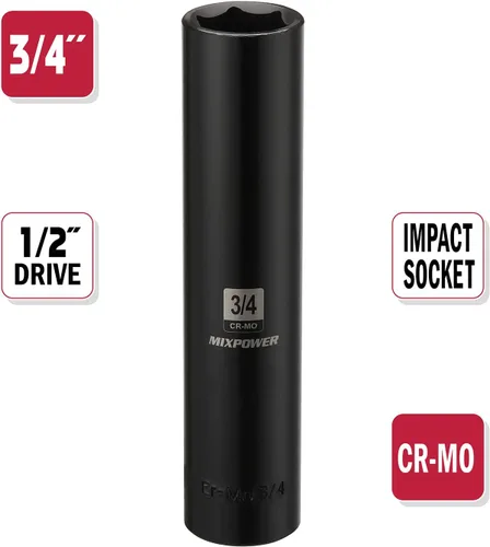 Miniatura 2 de MIXPOWER 1/2" Dr. x 3/4 de pulgada de profundidad extra larga, 6 puntos de impacto, acero de aleación Cr-Mo, diseño de esquina de radio, marcas