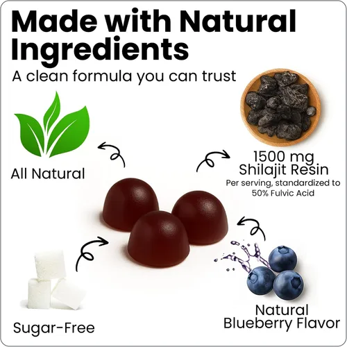 Miniatura 2 de Gomitas Shilajit – 1500 mg estandarizadas al 50% de ácido fúlvico – Veganas, sin azúcar, sin OMG, sin gluten – Sabor natural de arándanos – 60