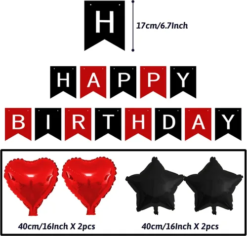 Miniatura 4 de ZERODECO Decoraciones de cumpleaños, decoraciones de fiesta en negro y rojo con pancarta de feliz cumpleaños, pompones, globos para niños, niñas