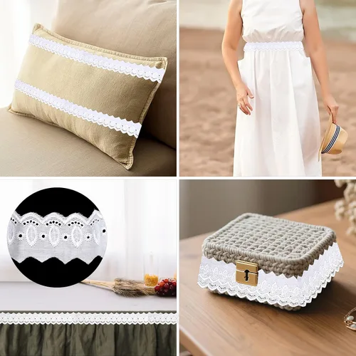 Miniatura 7 de Ribete de encaje de algodón de 15 yardas, cinta de encaje con ojales blancos, borde ondulado, bordados florales para coser vestidos, ropa, bolsas