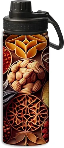 Miniatura 24 de Hermosa botella de agua de acero inoxidable de 18 onzas con patrón circular de mandala dorada, botella de agua deportiva de doble pared aislada al