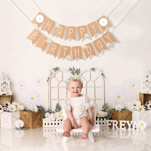 Miniatura 5 de Cartel de feliz cumpleaños de margaritas, tema de flores silvestres, decoración de primer cumpleaños