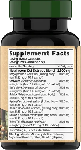 Miniatura 2 de Complejo de hongos 8 – 180 cápsulas – Melena de león, Reishi, Chaga, Cordyceps y cola de pavo – Suplemento natural de apoyo inmunológico, enfoque