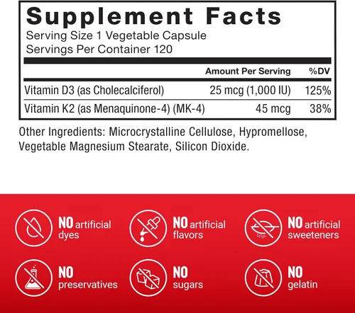 Miniatura 4 de Force Factor Vitamina D3 K2 para apoyar la inmunidad, la salud del corazón, el apoyo óseo y más, fórmula 2 en 1 de alta potencia, vegano, sin