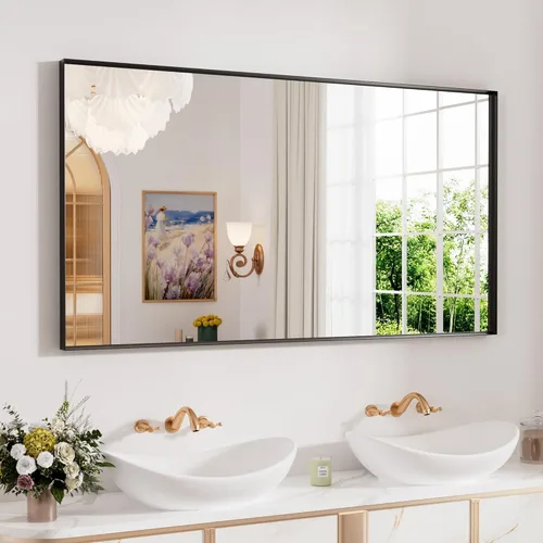 Miniatura 56 de Espejo de baño LED de 60x36 pulgadas con marco negro, espejos de baño retroiluminados y con luz frontal para pared, antiempañamiento, regulable